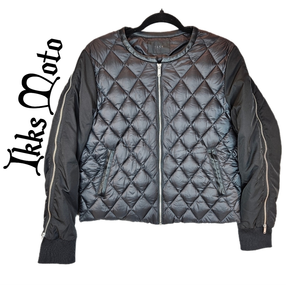 Ikks Women Moto Bomber Cropped Puffer Jacket Sz L Black Quilted Shell Rib Cuff